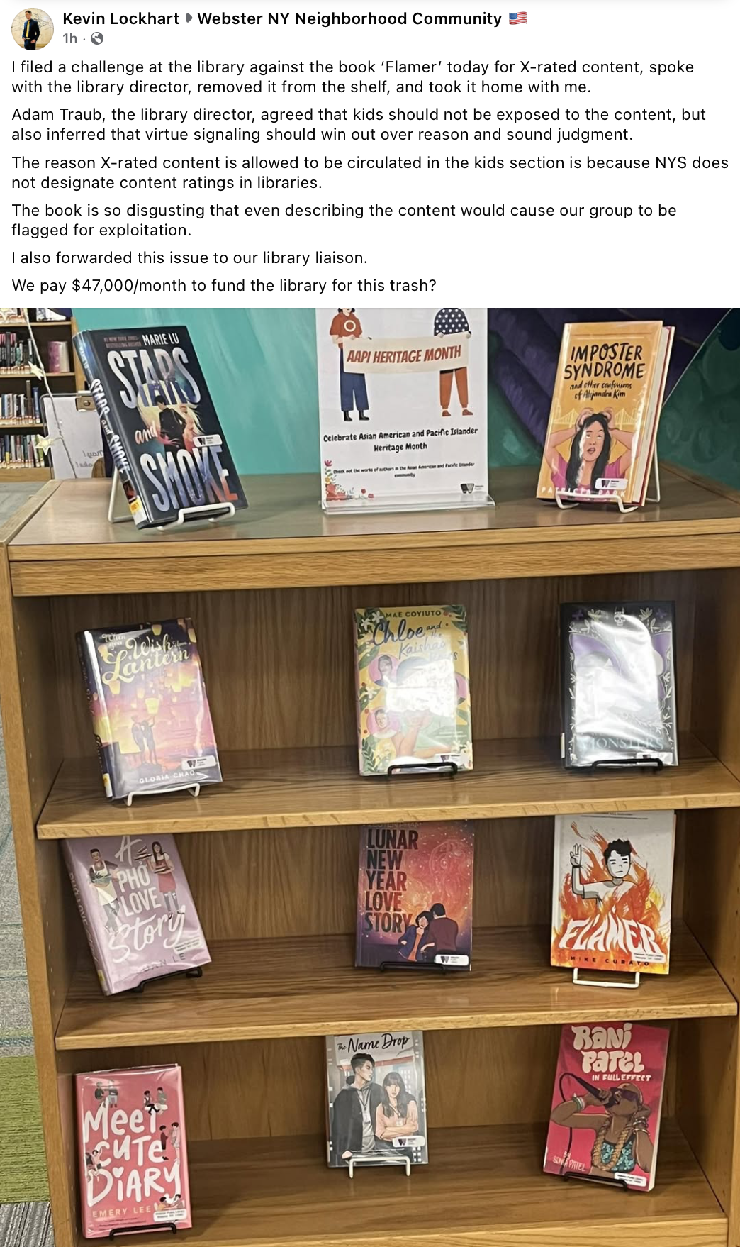 Kevin Lockhart's May 22, 2026 Facebook post announcing he filed a book challenge against Flamer, removed it from the library shelf, and took it home.