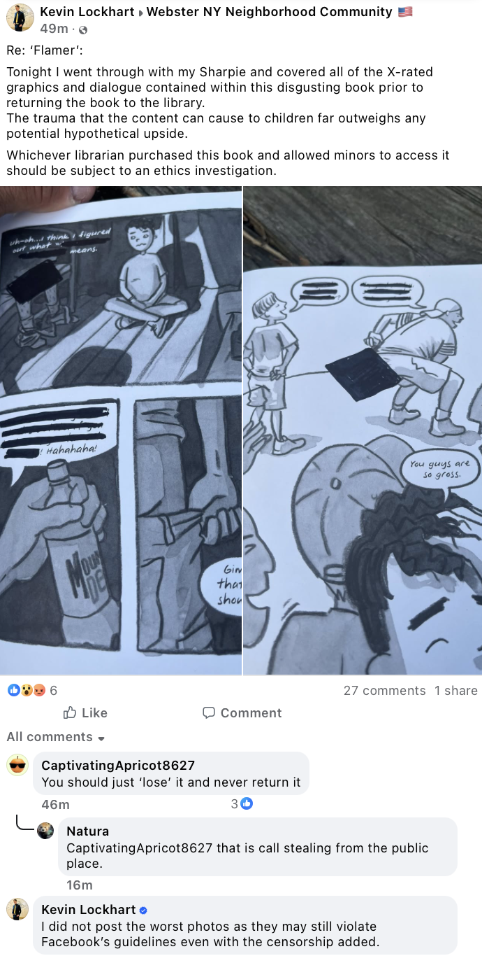 Kevin Lockhart's May 22, 2026 evening Facebook post admitting he used a Sharpie to cover content in the library book before returning it.